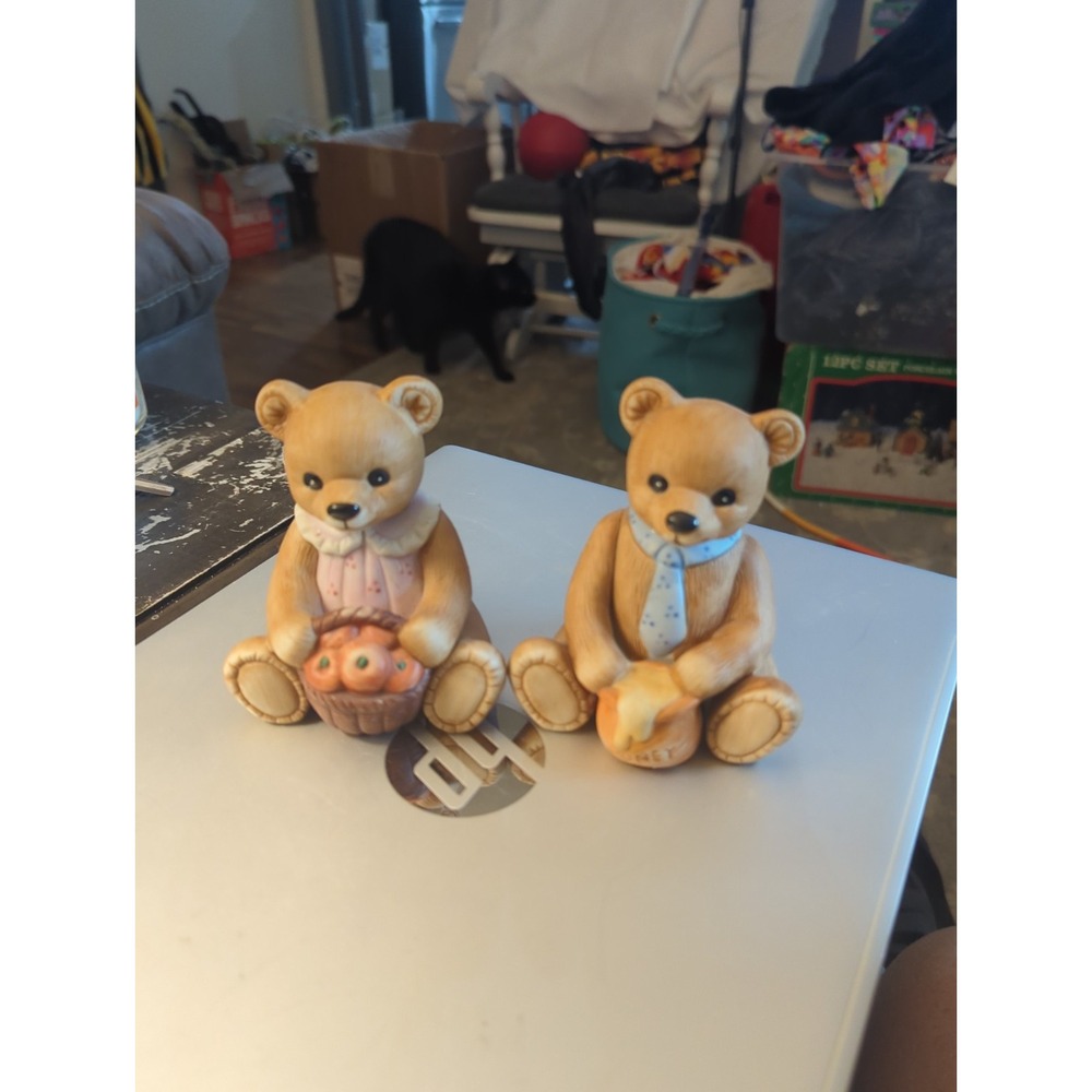 Vintage Homco Ceramic/Porcelain Harvest Bears Couple 1980s Fall Apples Honey